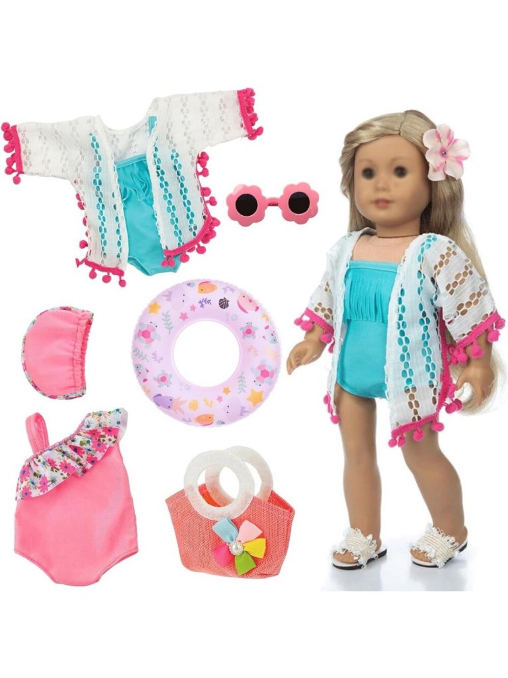 18 Inch Doll Swimming Outfit Set - Swimsuit, Hat, Sunglasses, Handbag & Ring